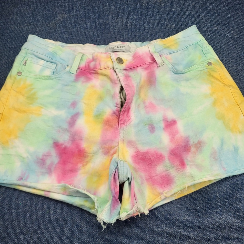 Judy Blue Tie Dye Denim Shorts XL Pastel Rainbow Raw Hem High Rise Stretchy Fit